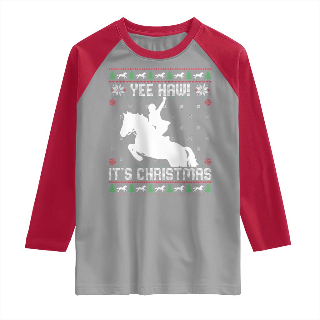 Yee Haw It Is Christmas Raglan Shirt Funny Ugly Xmas Rodeo Gift For Cowgirl TS12 Sport Gray Red Print Your Wear