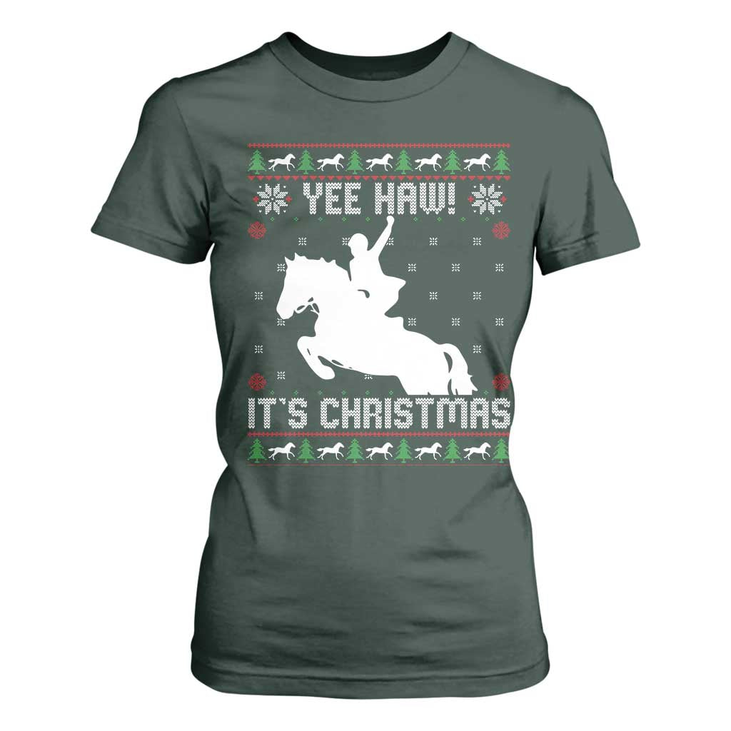 Yee Haw It Is Christmas T Shirt For Women Funny Ugly Xmas Rodeo Gift For Cowgirl TS12 Dark Forest Green Print Your Wear