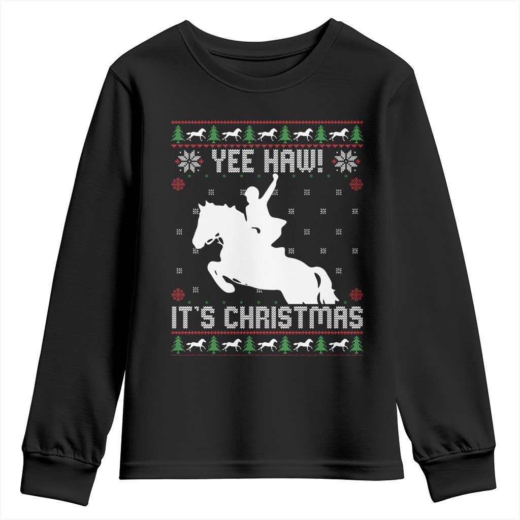 Yee Haw It Is Christmas Youth Sweatshirt Funny Ugly Xmas Rodeo Gift For Cowgirl TS12 Black Print Your Wear