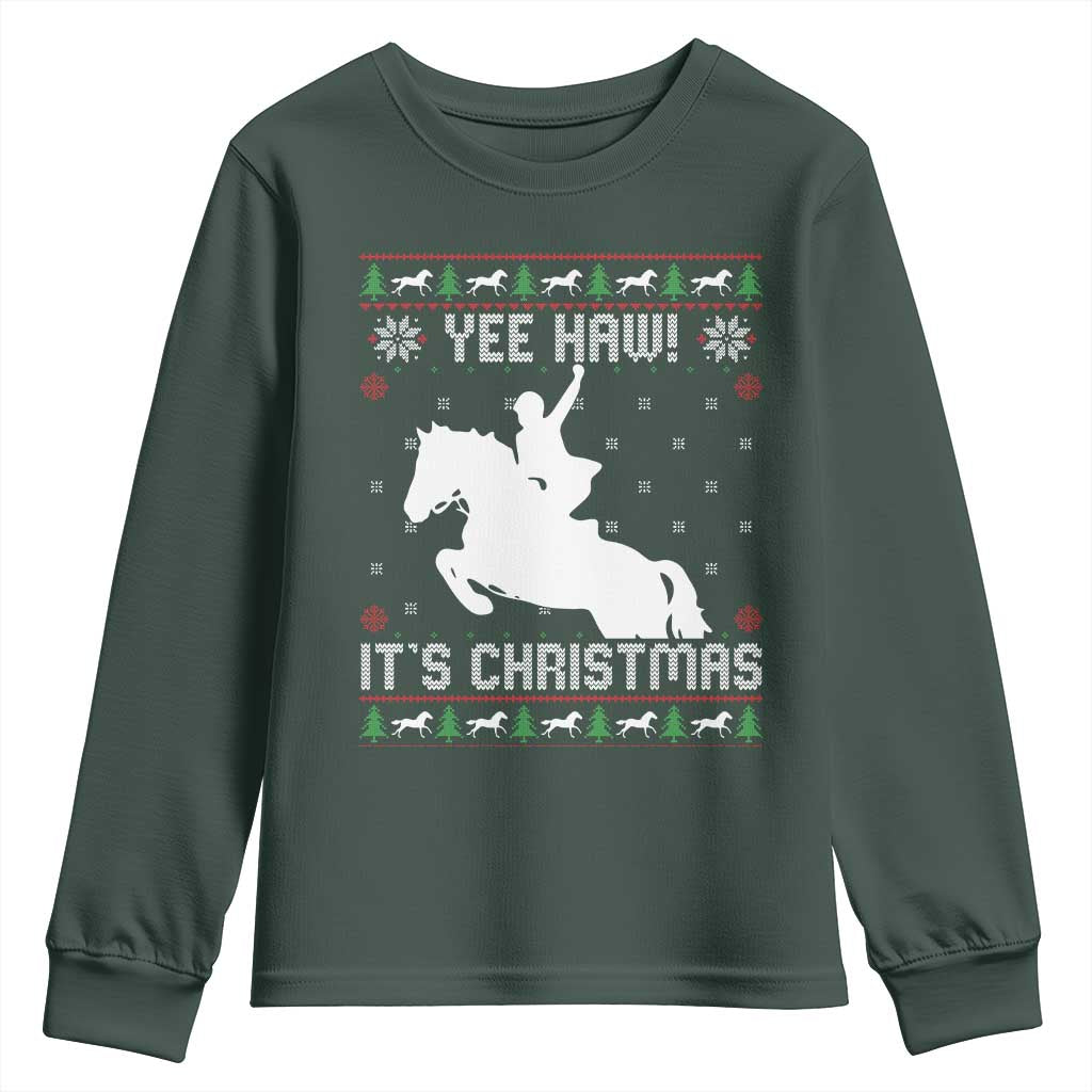 Yee Haw It Is Christmas Youth Sweatshirt Funny Ugly Xmas Rodeo Gift For Cowgirl TS12 Dark Forest Green Print Your Wear