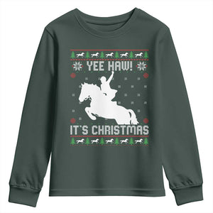 Yee Haw It Is Christmas Youth Sweatshirt Funny Ugly Xmas Rodeo Gift For Cowgirl TS12 Dark Forest Green Print Your Wear