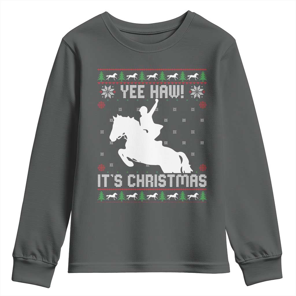 Yee Haw It Is Christmas Youth Sweatshirt Funny Ugly Xmas Rodeo Gift For Cowgirl TS12 Dark Heather Print Your Wear