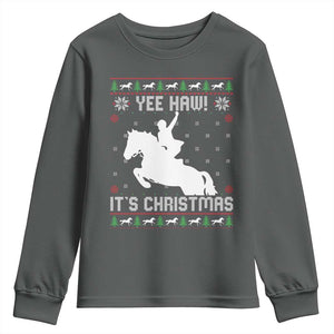 Yee Haw It Is Christmas Youth Sweatshirt Funny Ugly Xmas Rodeo Gift For Cowgirl TS12 Dark Heather Print Your Wear