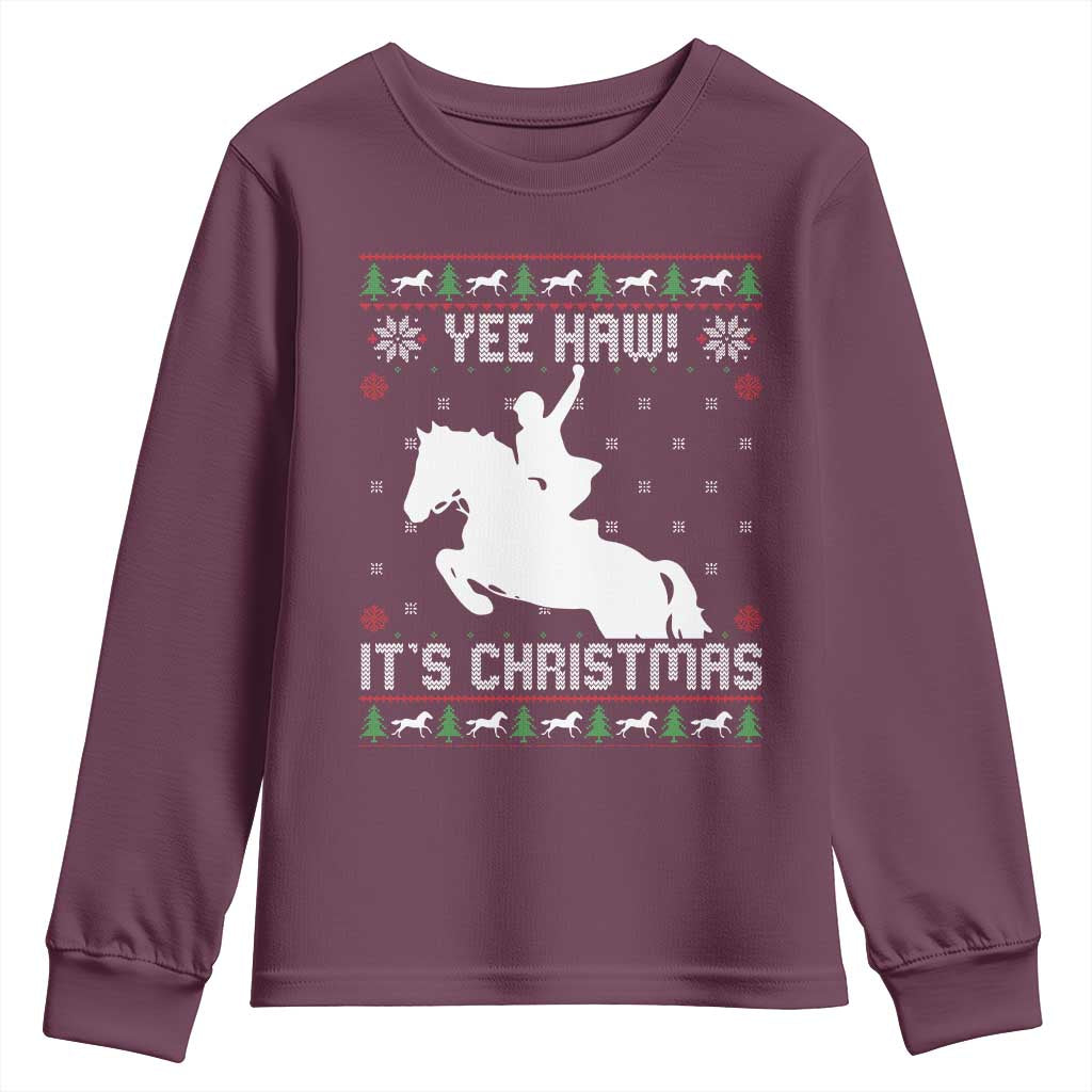 Yee Haw It Is Christmas Youth Sweatshirt Funny Ugly Xmas Rodeo Gift For Cowgirl TS12 Maroon Print Your Wear