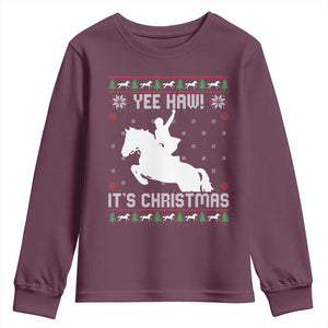 Yee Haw It Is Christmas Youth Sweatshirt Funny Ugly Xmas Rodeo Gift For Cowgirl TS12 Maroon Print Your Wear