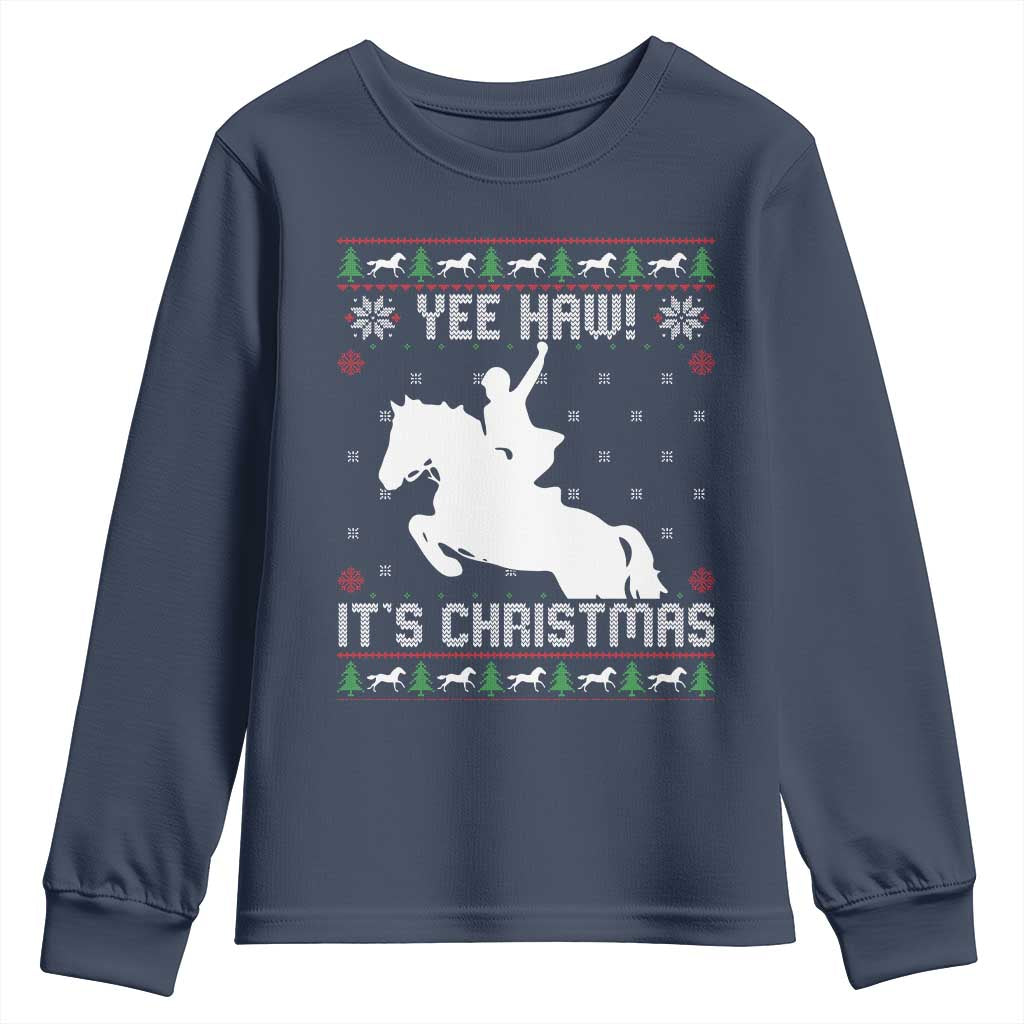 Yee Haw It Is Christmas Youth Sweatshirt Funny Ugly Xmas Rodeo Gift For Cowgirl TS12 Navy Print Your Wear