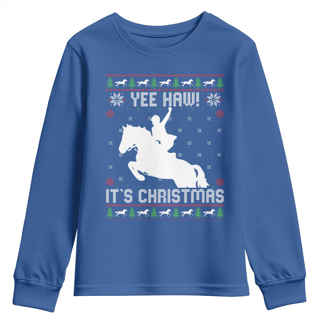 Yee Haw It Is Christmas Youth Sweatshirt Funny Ugly Xmas Rodeo Gift For Cowgirl TS12 Royal Blue Print Your Wear
