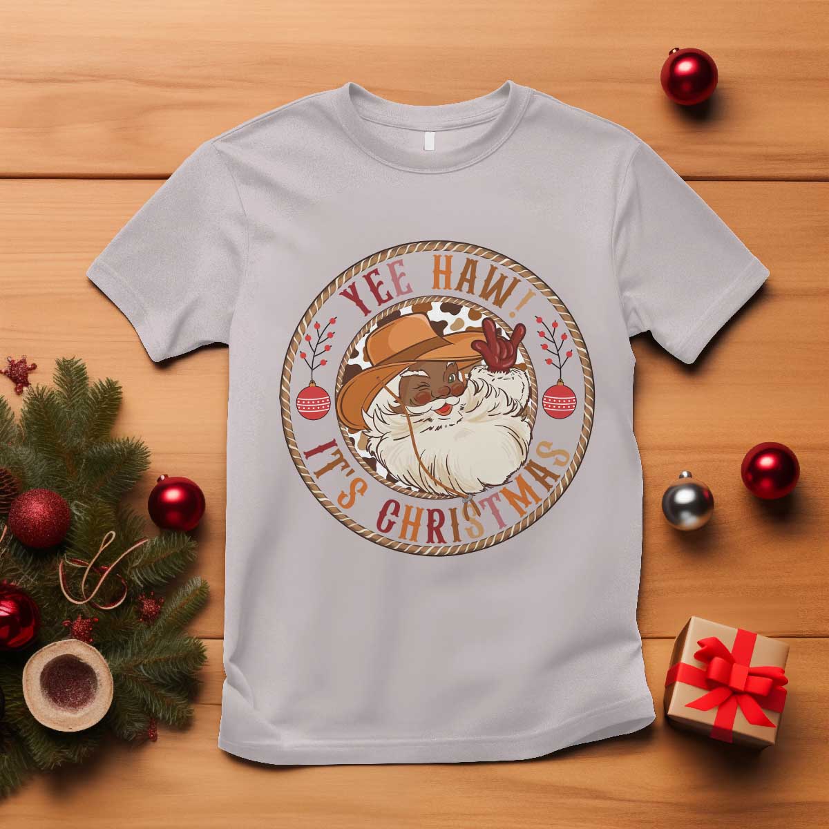 Yee Haw It Is Christmas T Shirt Funny Black Santa Cowboy TS12 Ice Gray Print Your Wear