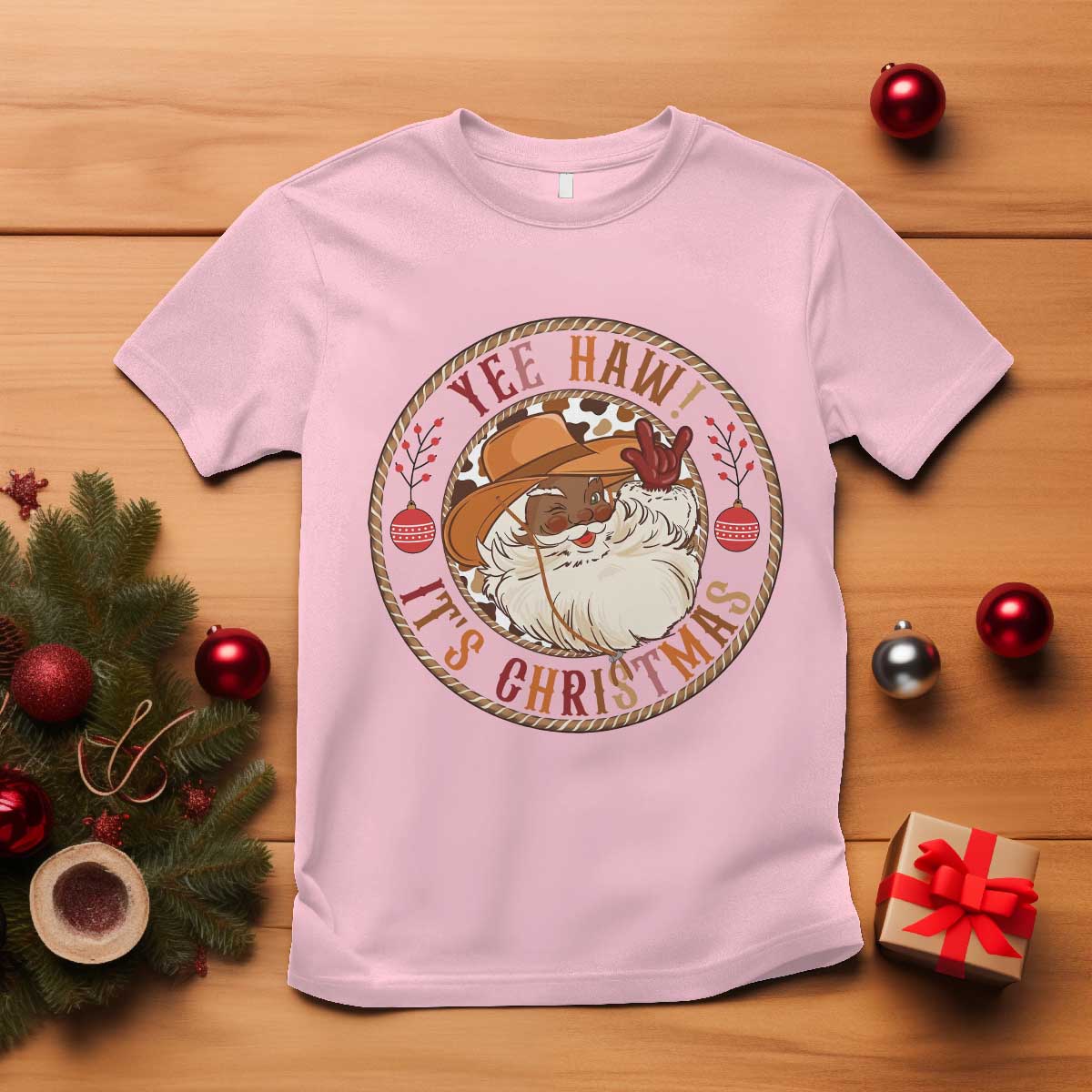 Yee Haw It Is Christmas T Shirt Funny Black Santa Cowboy TS12 Light Pink Print Your Wear