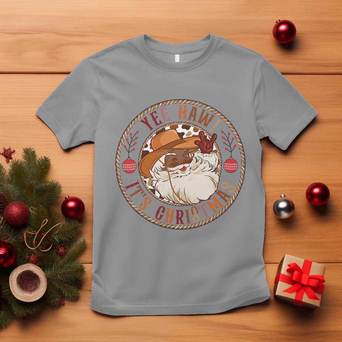 Yee Haw It Is Christmas T Shirt Funny Black Santa Cowboy TS12 Sport Gray Print Your Wear