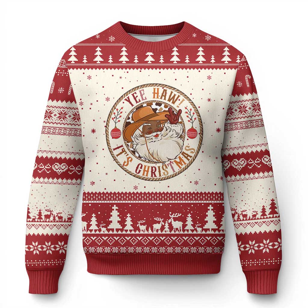Yee Haw It Is Xmas Ugly Christmas Sweater Funny Black Santa Cowboy TS12 Beige Red Print Your Wear