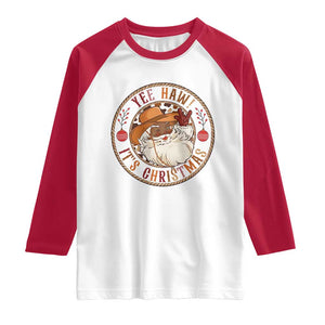 Yee Haw It Is Christmas Raglan Shirt Funny Black Santa Cowboy TS12 White Red Print Your Wear