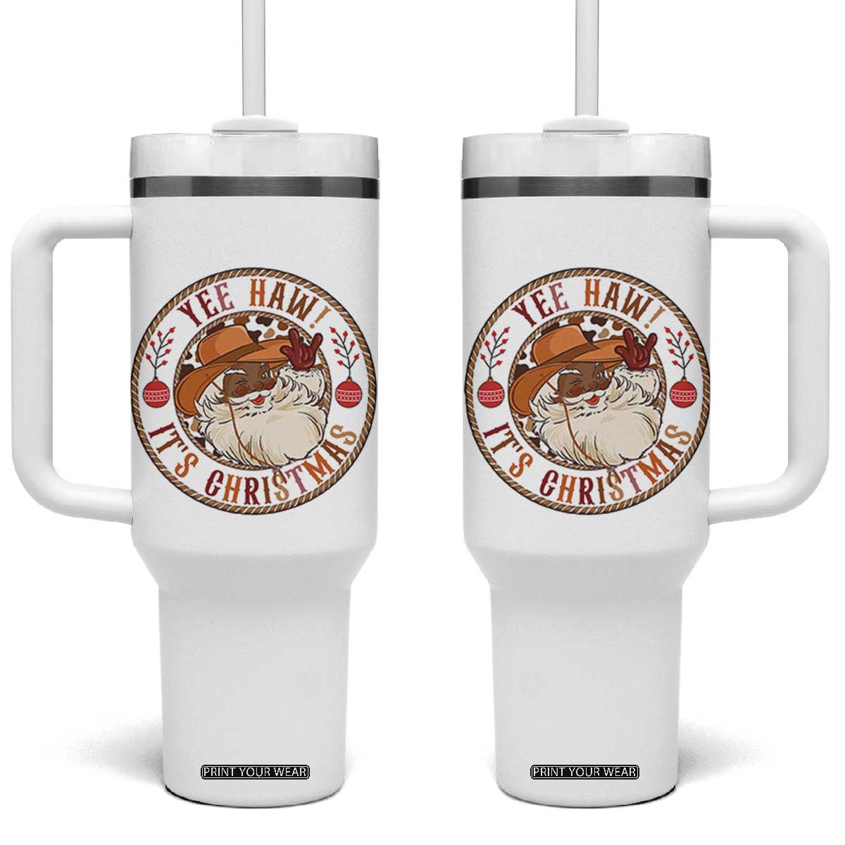 Yee Haw It Is Christmas Tumbler With Handle Funny Black Santa Cowboy TS12 One Size: 40 oz White Print Your Wear