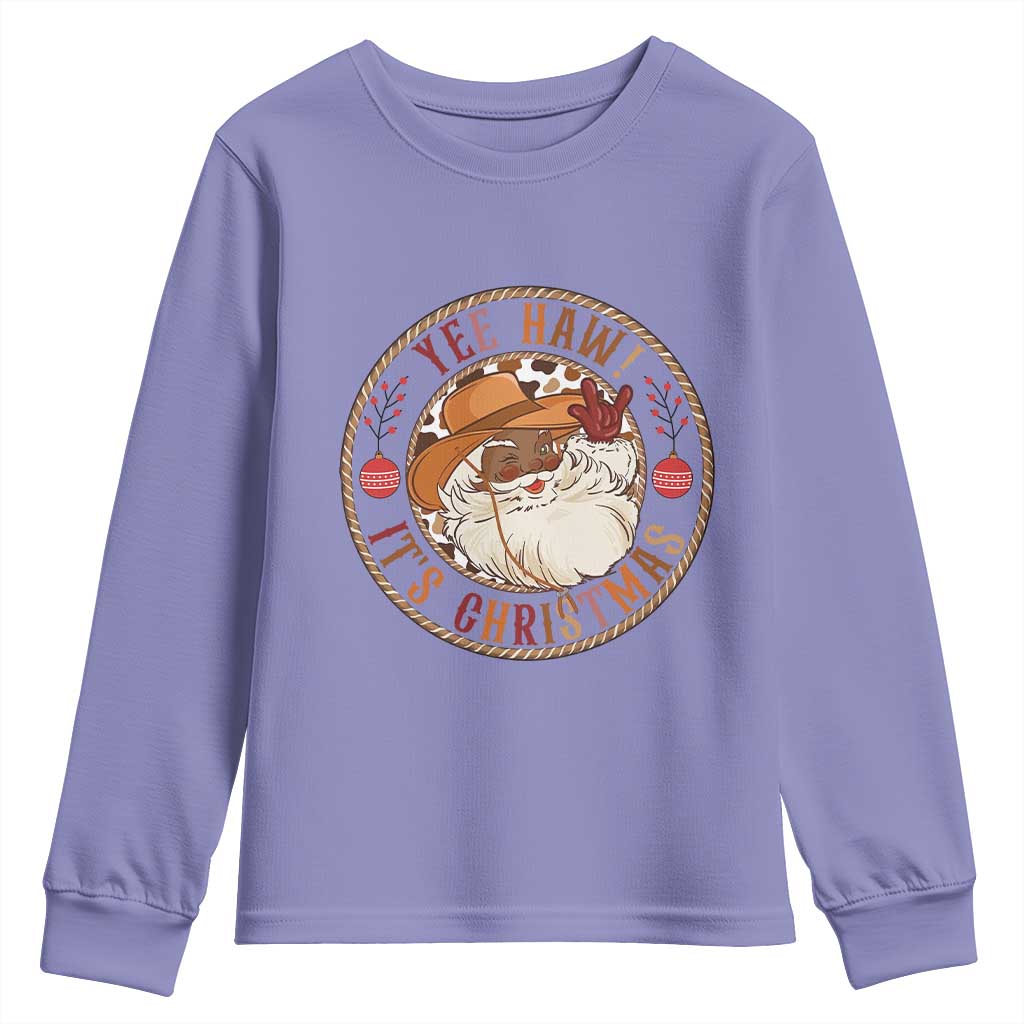 Yee Haw It Is Christmas Youth Sweatshirt Funny Black Santa Cowboy TS12 Violet Print Your Wear