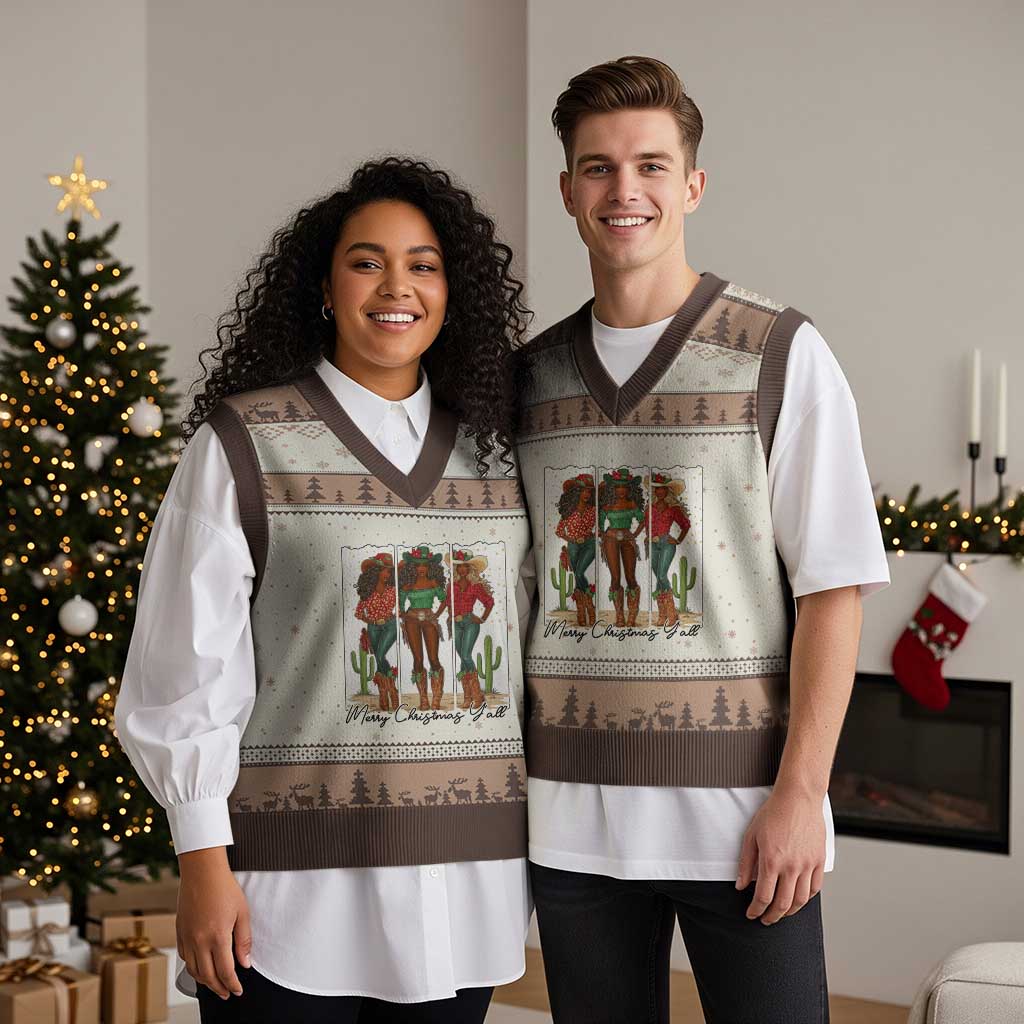Merry Xmas Y'all V-Neck Knit Sweater Vest Funny Western Holiday Gift For Cowgirl TS12 Mocha Mousse Print Your Wear