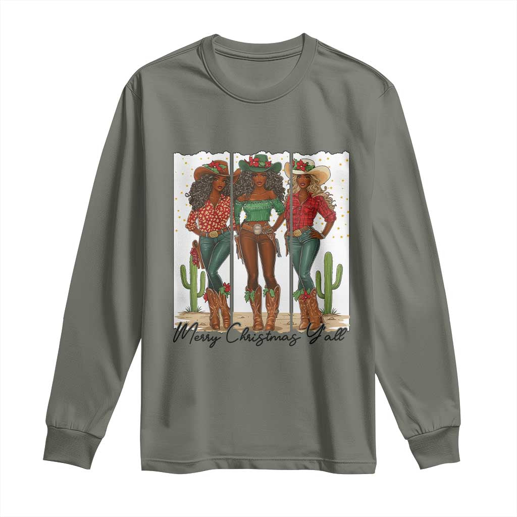 Merry Christmas Y'all Long Sleeve Shirt Funny Western Holiday Gift For Cowgirl TS12 Military Green Print Your Wear