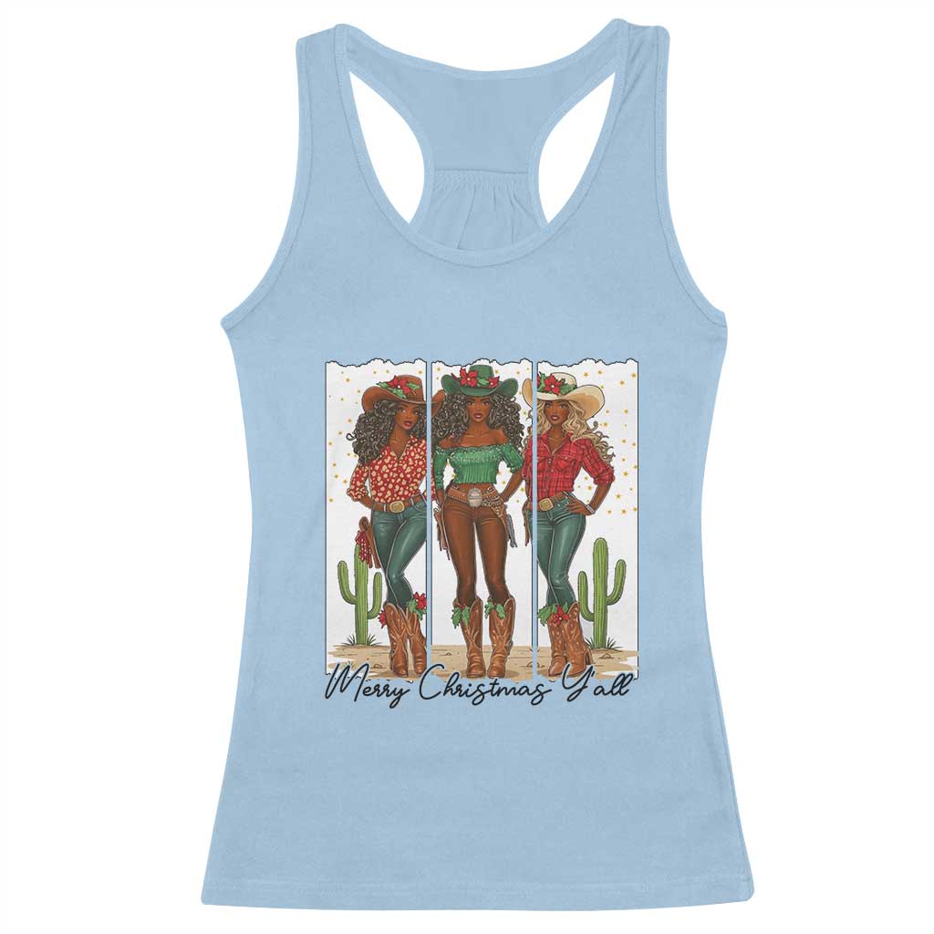 Merry Christmas Y'all Racerback Tank Top Funny Western Holiday Gift For Cowgirl TS12 Light Blue Print Your Wear