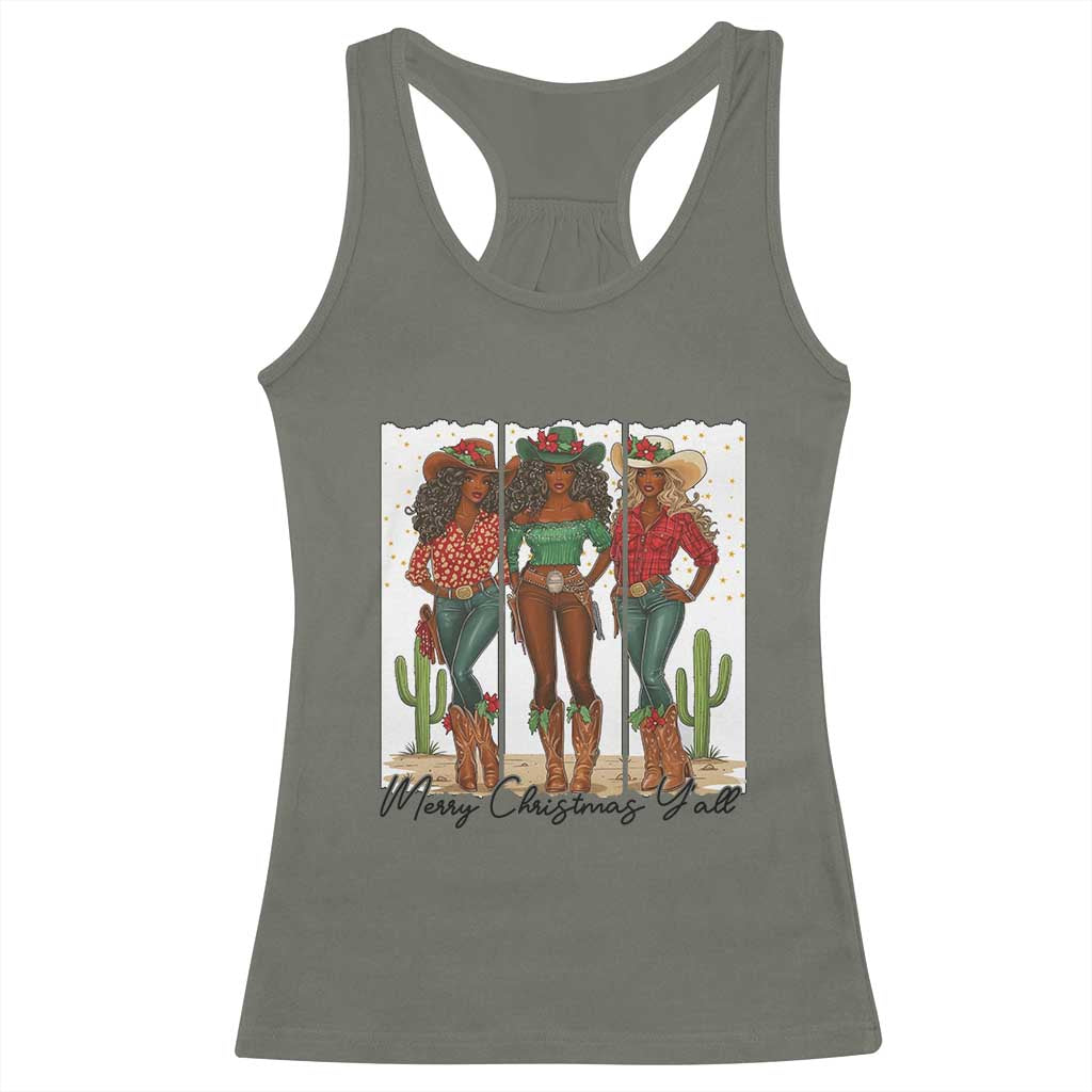 Merry Christmas Y'all Racerback Tank Top Funny Western Holiday Gift For Cowgirl TS12 Military Green Print Your Wear