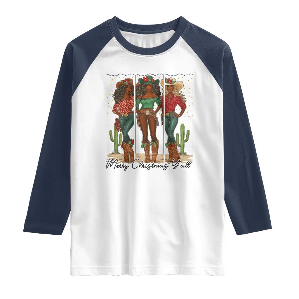 Merry Christmas Y'all Raglan Shirt Funny Western Holiday Gift For Cowgirl TS12 White Navy Print Your Wear