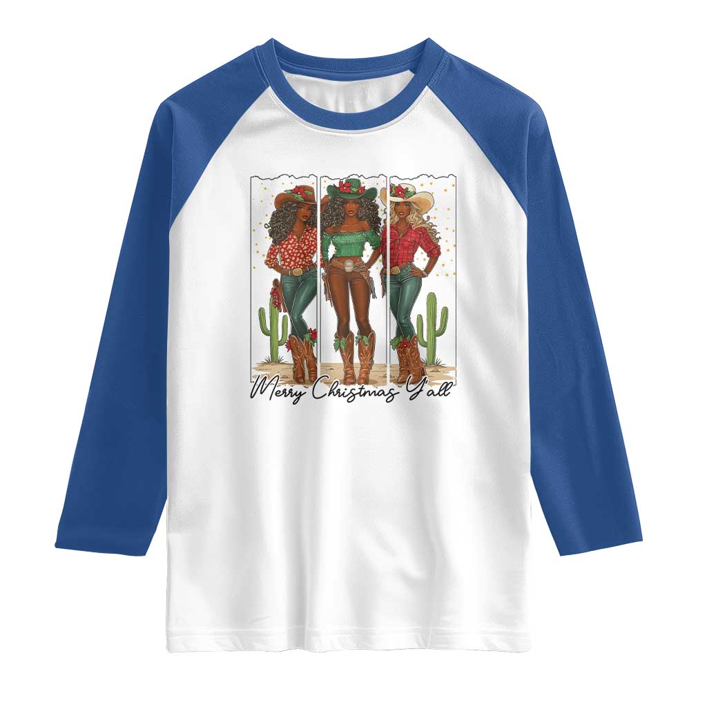 Merry Christmas Y'all Raglan Shirt Funny Western Holiday Gift For Cowgirl TS12 White Royal Print Your Wear