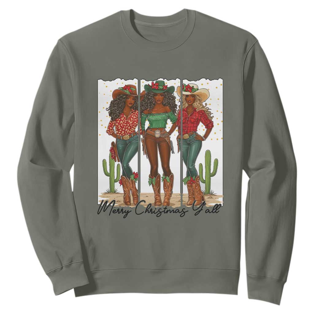Merry Christmas Y'all Sweatshirt Funny Western Holiday Gift For Cowgirl TS12 Military Green Print Your Wear