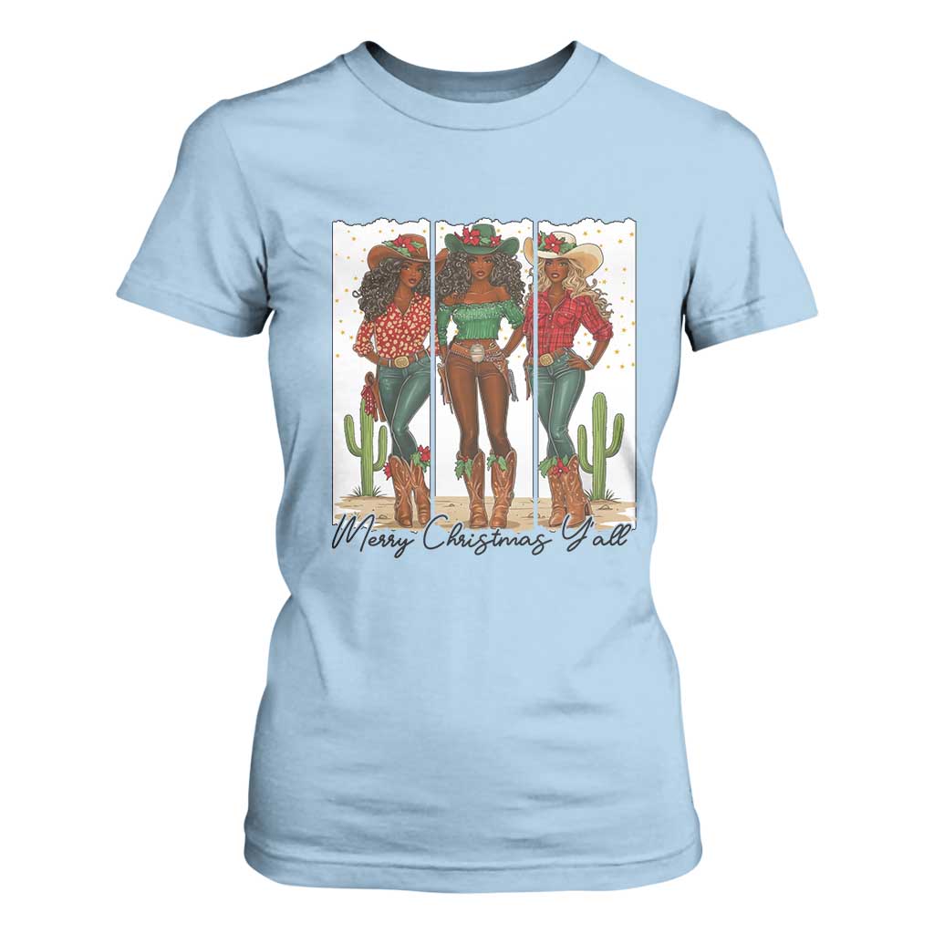 Merry Christmas Y'all T Shirt For Women Funny Western Holiday Gift For Cowgirl TS12 Light Blue Print Your Wear