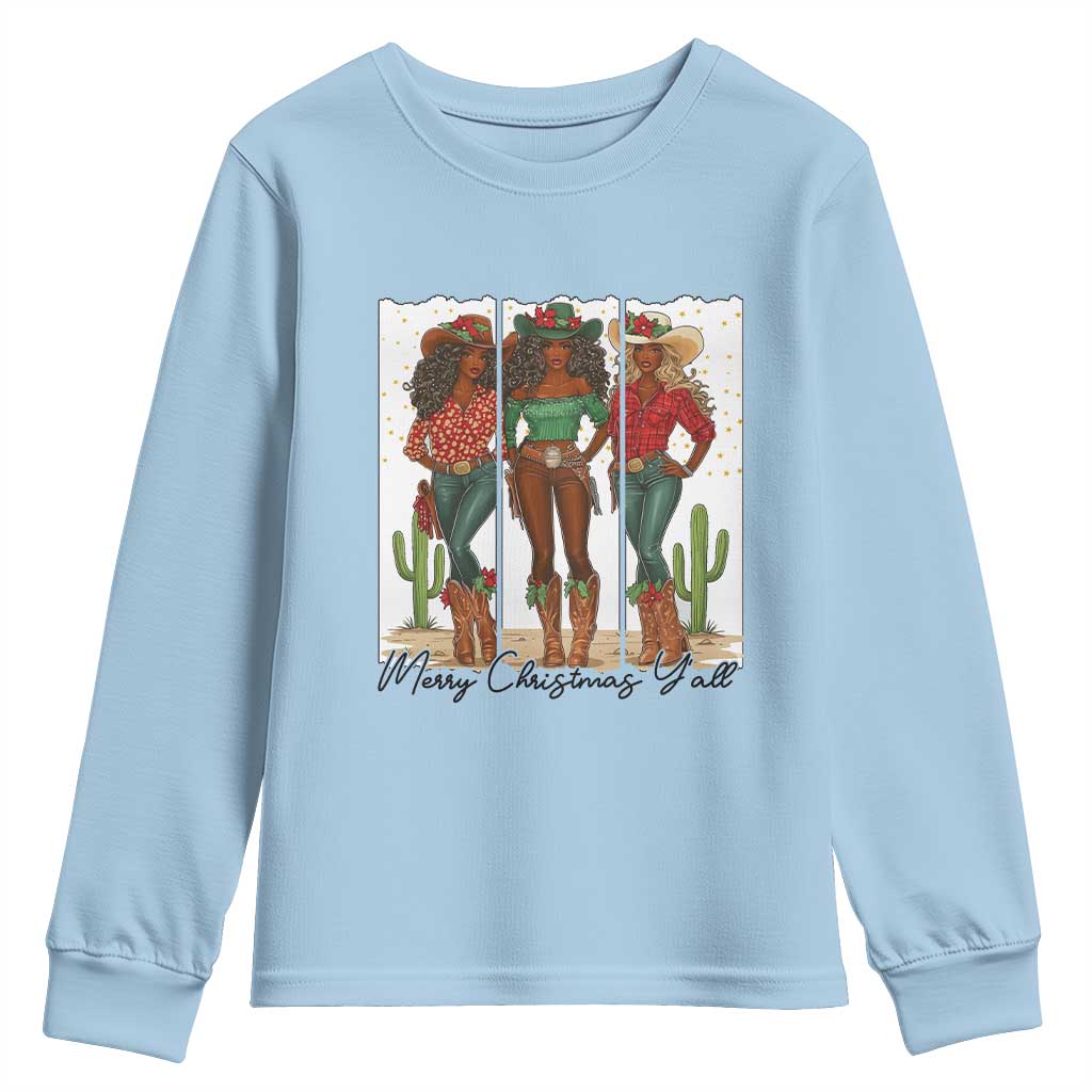 Merry Christmas Y'all Youth Sweatshirt Funny Western Holiday Gift For Cowgirl TS12 Light Blue Print Your Wear