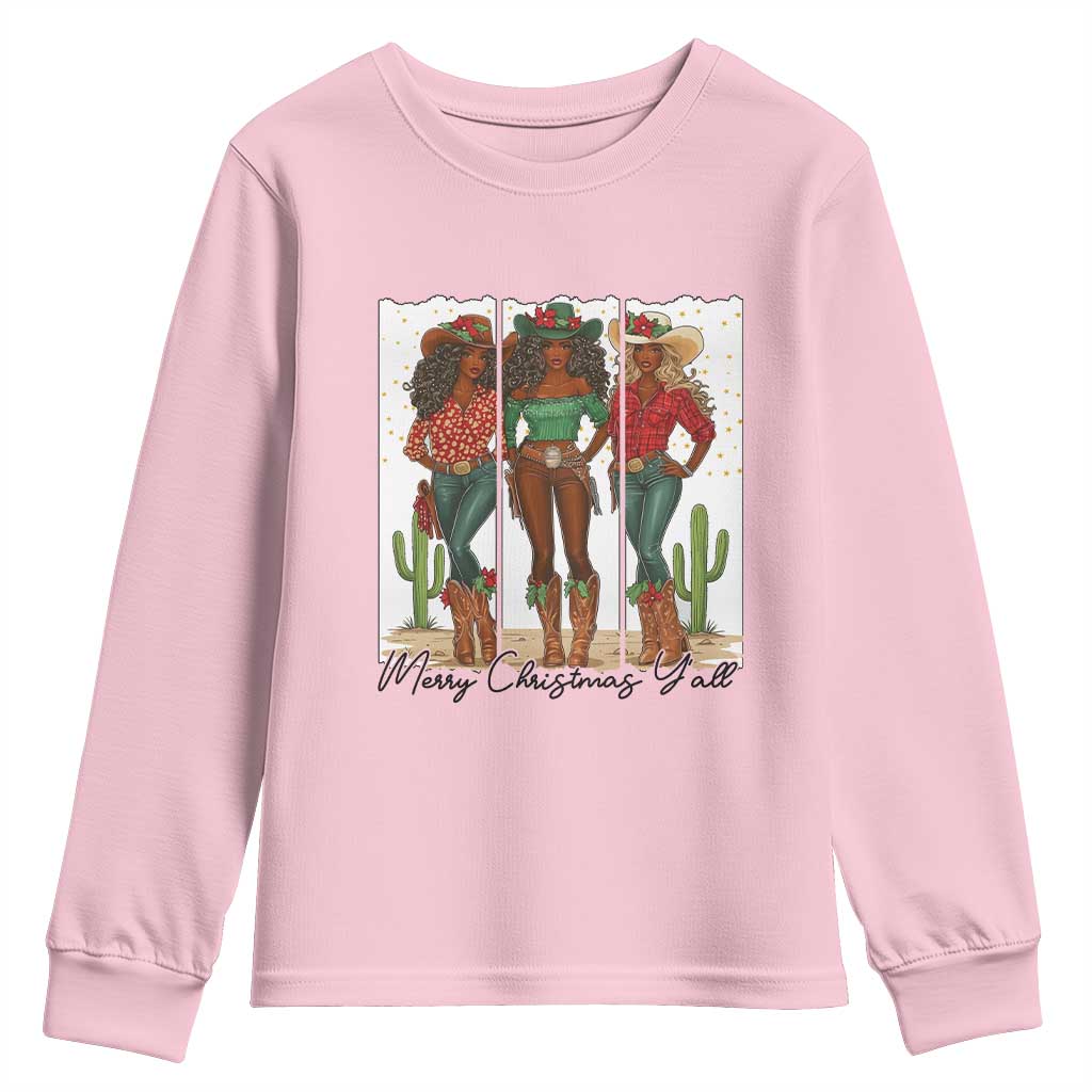 Merry Christmas Y'all Youth Sweatshirt Funny Western Holiday Gift For Cowgirl TS12 Light Pink Print Your Wear