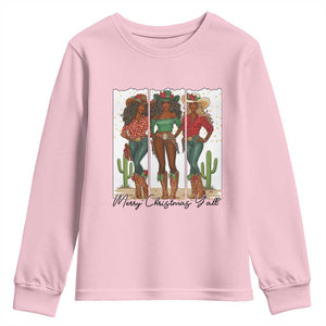 Merry Christmas Y'all Youth Sweatshirt Funny Western Holiday Gift For Cowgirl TS12 Light Pink Print Your Wear