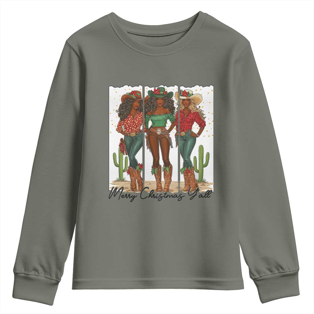 Merry Christmas Y'all Youth Sweatshirt Funny Western Holiday Gift For Cowgirl TS12 Military Green Print Your Wear