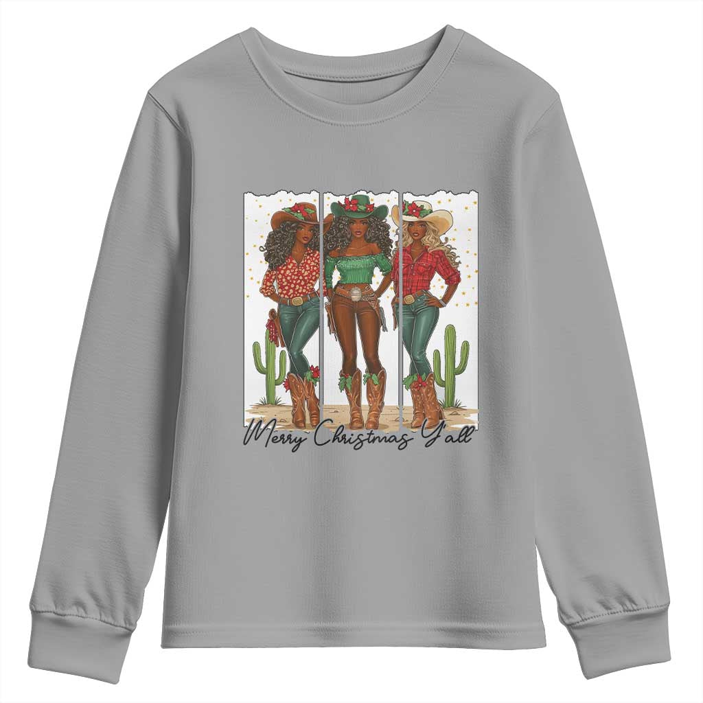 Merry Christmas Y'all Youth Sweatshirt Funny Western Holiday Gift For Cowgirl TS12 Sport Gray Print Your Wear