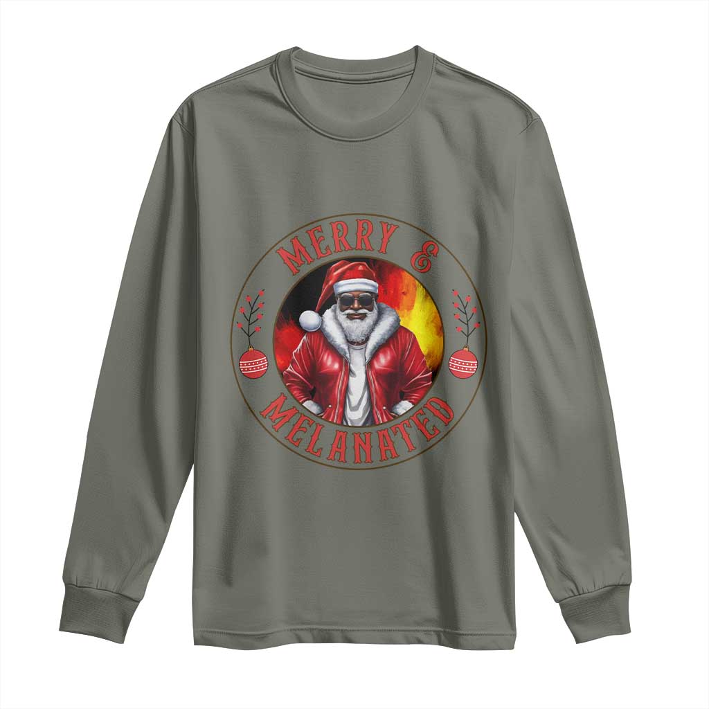 Black Santa Merry And Melanated Long Sleeve Shirt Christmas Holiday Gift TS12 Military Green Print Your Wear