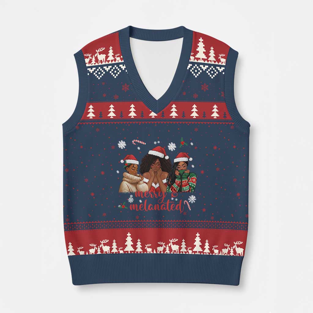 Melanin Xmas V-Neck Knit Sweater Vest Merry And Melanated Holiday Gift For Girl TS12 Navy Red Print Your Wear