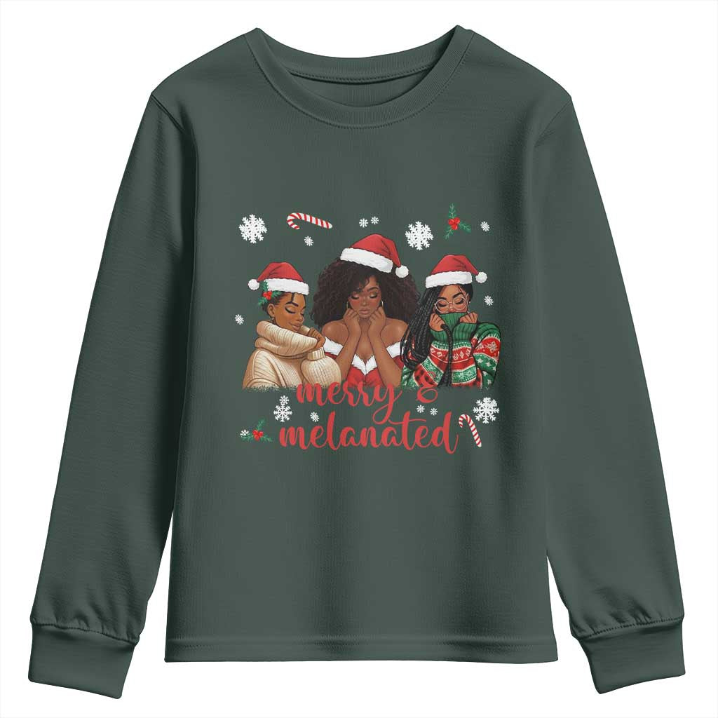 Melanin Christmas Youth Sweatshirt Merry And Melanated Holiday Gift For Girl TS12 Dark Forest Green Print Your Wear