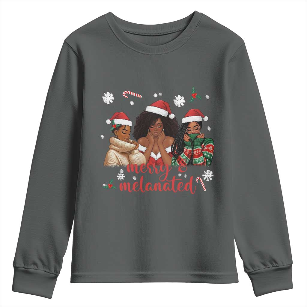 Melanin Christmas Youth Sweatshirt Merry And Melanated Holiday Gift For Girl TS12 Dark Heather Print Your Wear