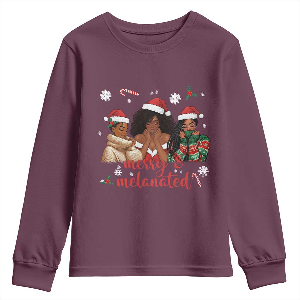 Melanin Christmas Youth Sweatshirt Merry And Melanated Holiday Gift For Girl TS12 Maroon Print Your Wear