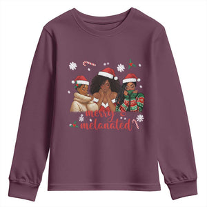 Melanin Christmas Youth Sweatshirt Merry And Melanated Holiday Gift For Girl TS12 Maroon Print Your Wear