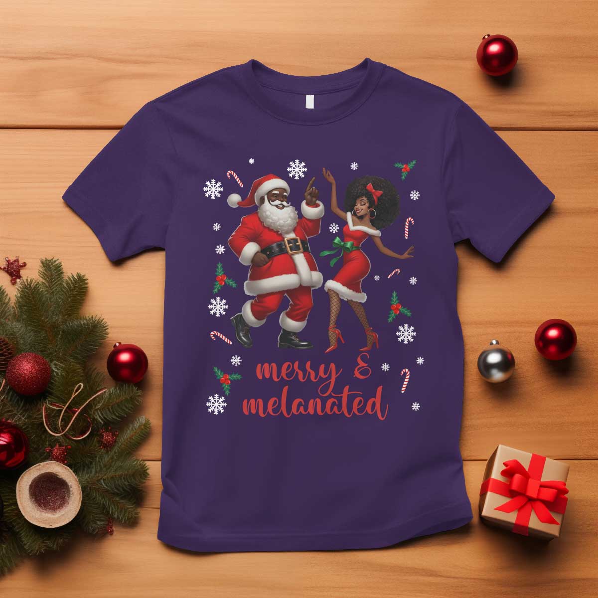 African American Christmas T Shirt Funny Dancing Black Santa And Mrs Claus Merry And Melanated TS12 Purple Print Your Wear