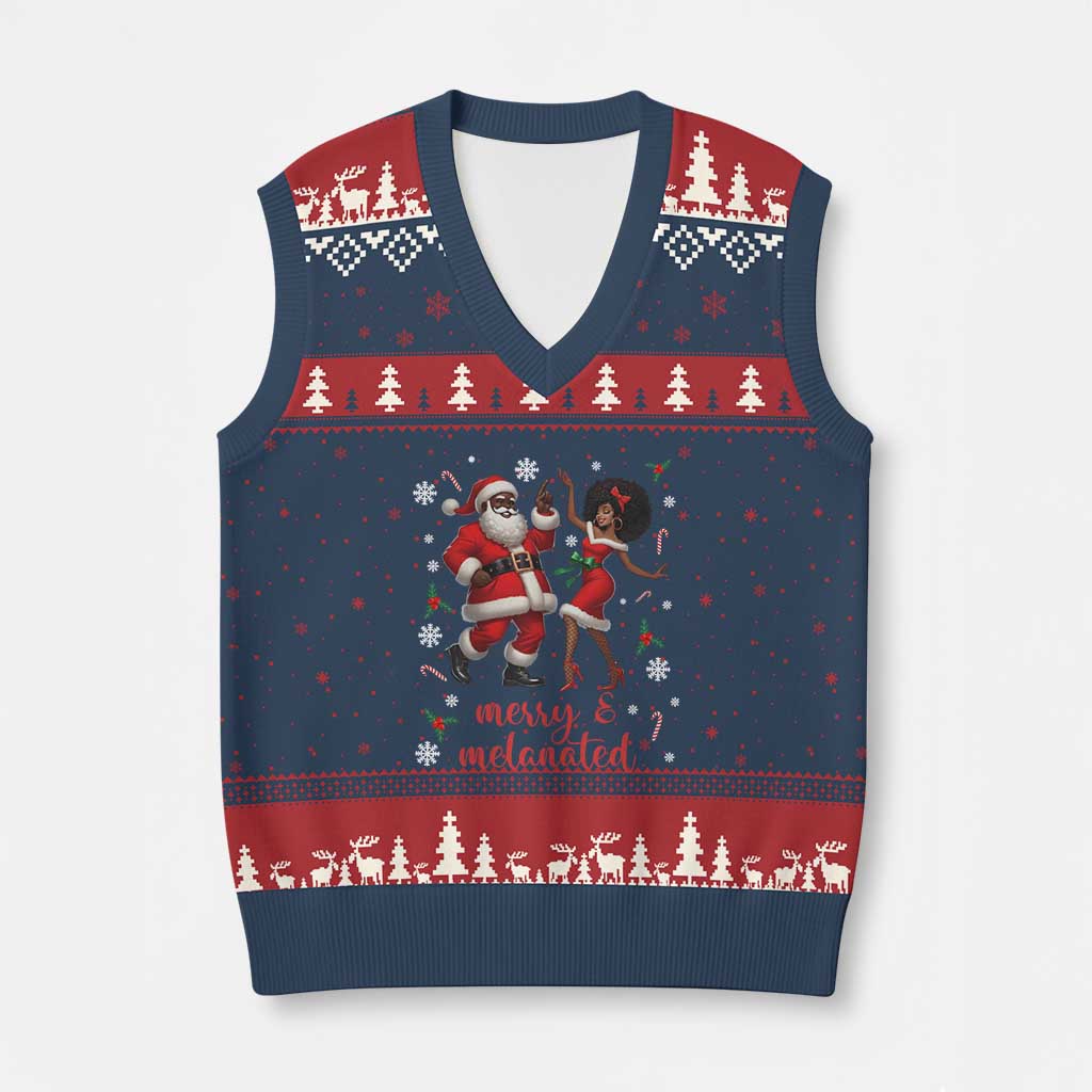 African American Xmas V-Neck Knit Sweater Vest Funny Dancing Black Santa And Mrs Claus Merry And Melanated TS12 Navy Red Print Your Wear