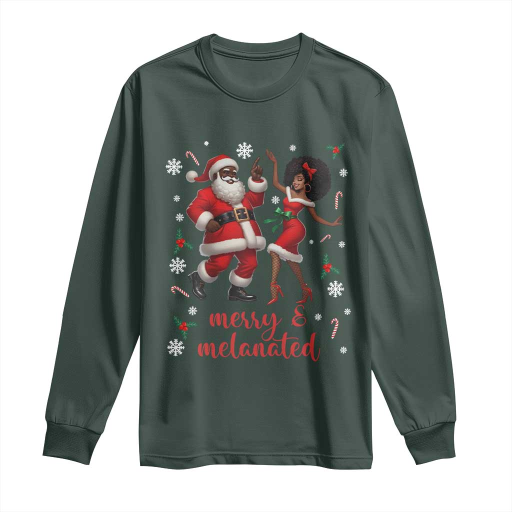 African American Christmas Long Sleeve Shirt Funny Dancing Black Santa And Mrs Claus Merry And Melanated TS12 Dark Forest Green Print Your Wear