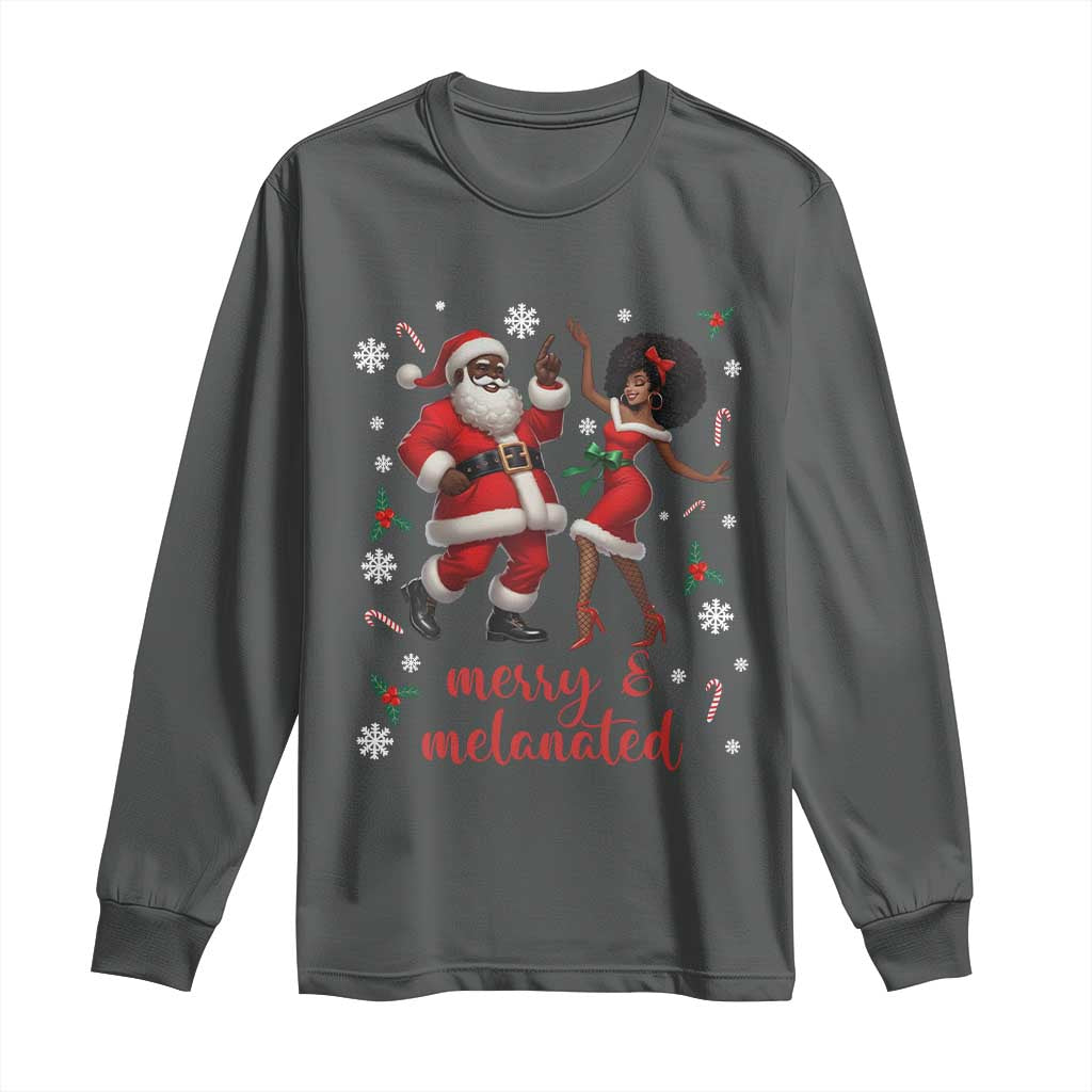 African American Christmas Long Sleeve Shirt Funny Dancing Black Santa And Mrs Claus Merry And Melanated TS12 Dark Heather Print Your Wear