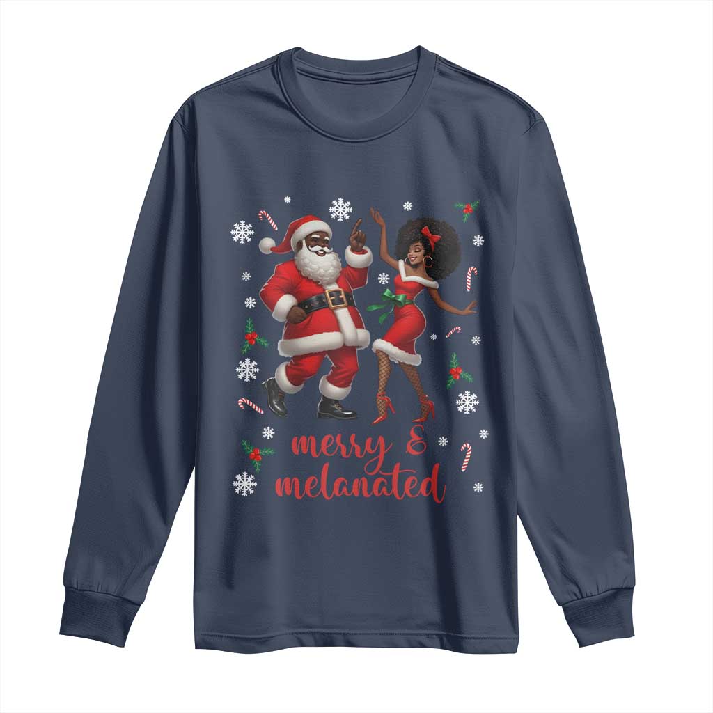 African American Christmas Long Sleeve Shirt Funny Dancing Black Santa And Mrs Claus Merry And Melanated TS12 Navy Print Your Wear