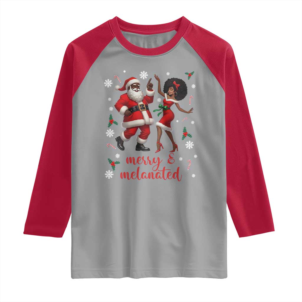 African American Christmas Raglan Shirt Funny Dancing Black Santa And Mrs Claus Merry And Melanated TS12 Sport Gray Red Print Your Wear