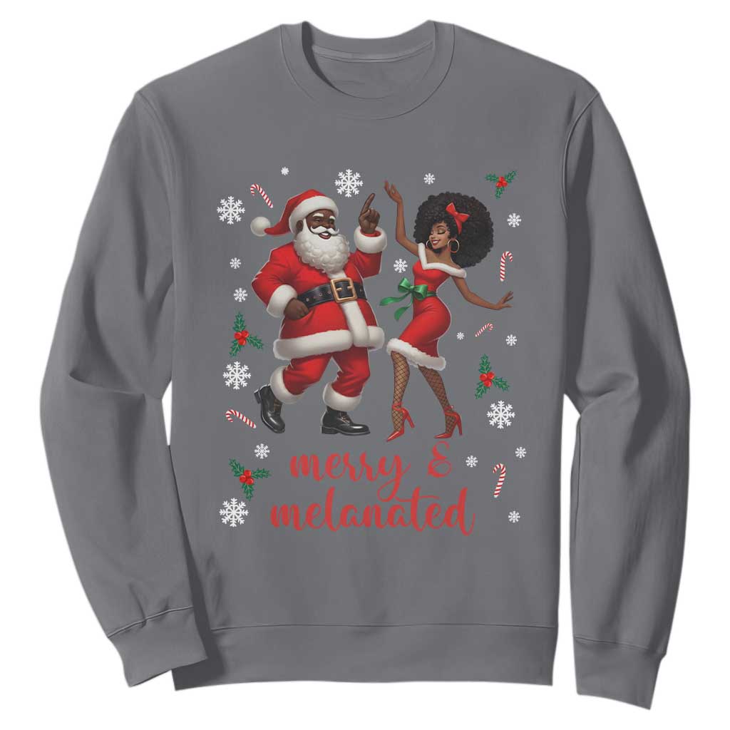 African American Christmas Sweatshirt Funny Dancing Black Santa And Mrs Claus Merry And Melanated TS12 Charcoal Print Your Wear