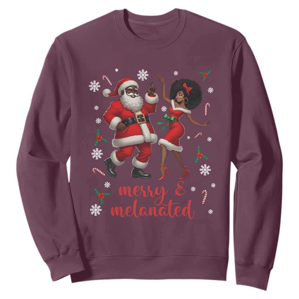 African American Christmas Sweatshirt Funny Dancing Black Santa And Mrs Claus Merry And Melanated TS12 Maroon Print Your Wear