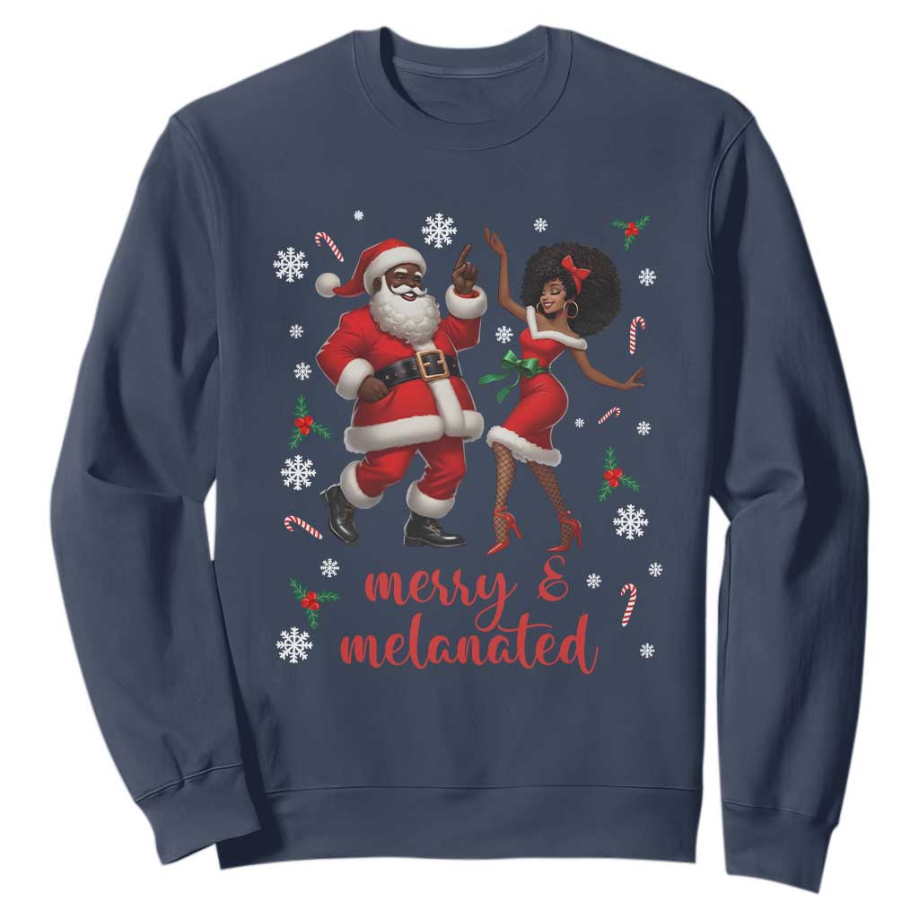 African American Christmas Sweatshirt Funny Dancing Black Santa And Mrs Claus Merry And Melanated TS12 Navy Print Your Wear