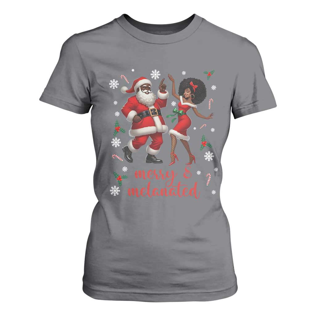 African American Christmas T Shirt For Women Funny Dancing Black Santa And Mrs Claus Merry And Melanated TS12 Charcoal Print Your Wear