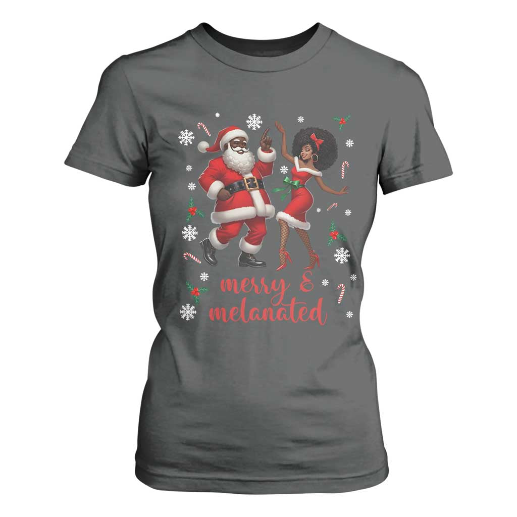 African American Christmas T Shirt For Women Funny Dancing Black Santa And Mrs Claus Merry And Melanated TS12 Dark Heather Print Your Wear