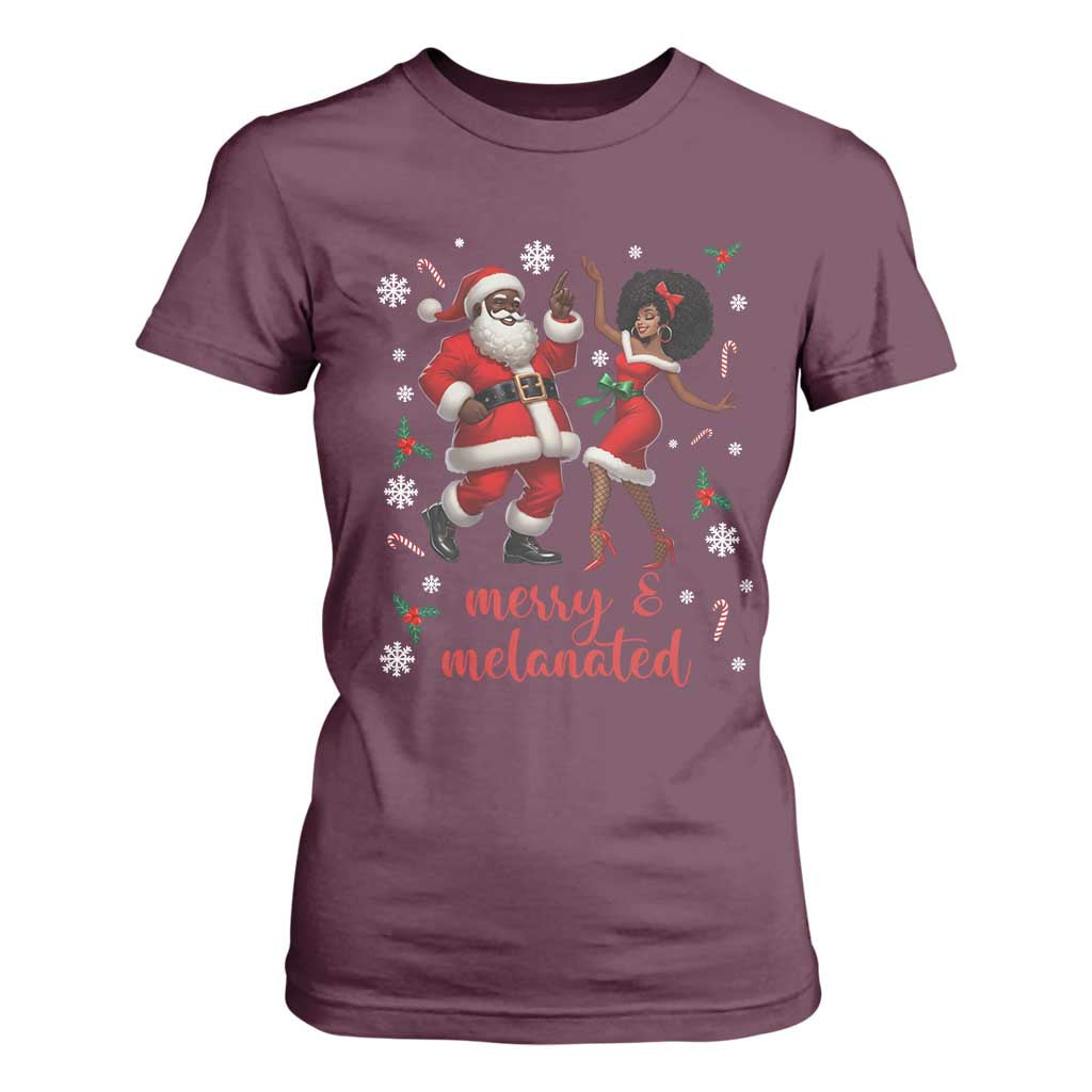 African American Christmas T Shirt For Women Funny Dancing Black Santa And Mrs Claus Merry And Melanated TS12 Maroon Print Your Wear