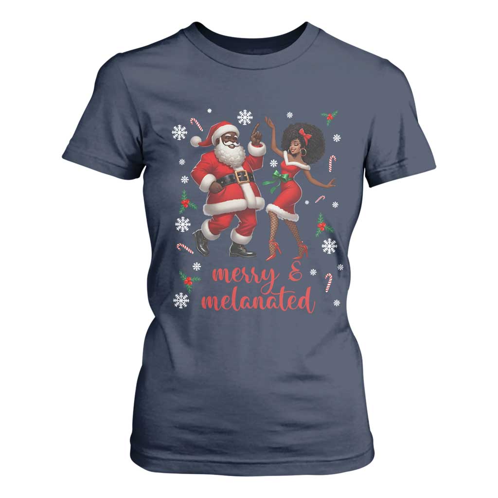 African American Christmas T Shirt For Women Funny Dancing Black Santa And Mrs Claus Merry And Melanated TS12 Navy Print Your Wear